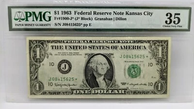 1963 $1 Federal Reserve Note Kansas City PMG 35 - Star Note - Image 1 of 4