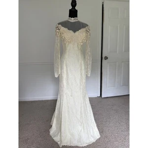 Vintage Wedding Dress ivory High Neck Long Sleeve Bridal Gown beaded size XS S - Picture 1 of 12