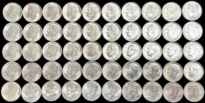 ORIGINAL (50) ROLL OF 1954 UNITED STATES ROOSEVELT DIMES 10C MINT STATE COINS - Image 1 of 2