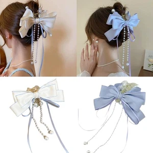 Large Bow Hair Claw For Women Girls Imitation Pearl Long Ribbon Hair Clip GX - Picture 1 of 17