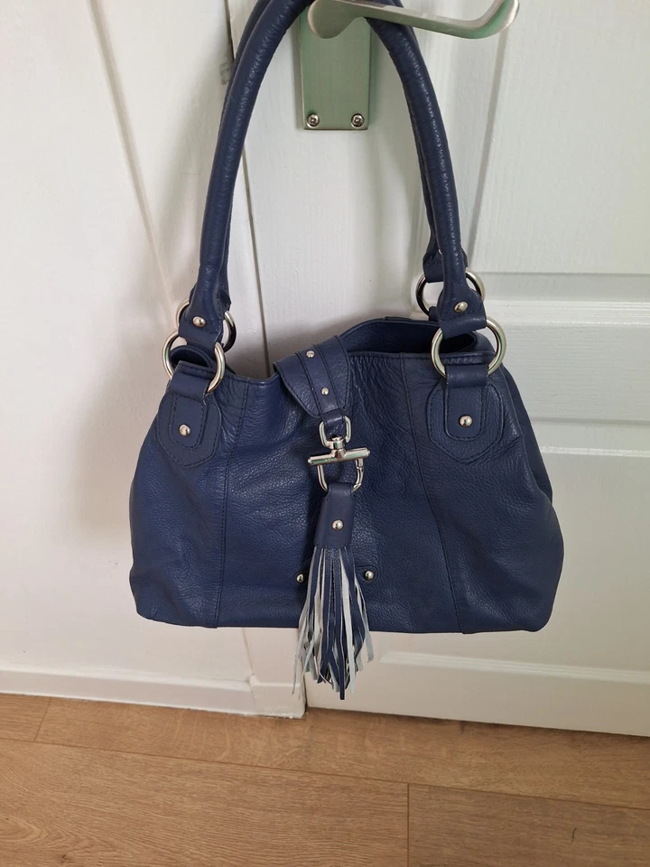 Navy Blue Leather Handbag. Large Tassel On Front. - Image 1 of 3