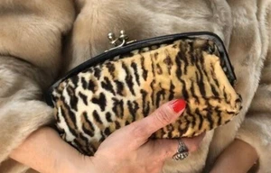 Vintage French 1960s Faux Leopard Print Clutch Bag Purse Brown Satin Lining - Picture 1 of 7