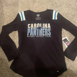 New Carolina Panthers TShirt Women Black Blue Long Sleeve Lightweight - Picture 1 of 6
