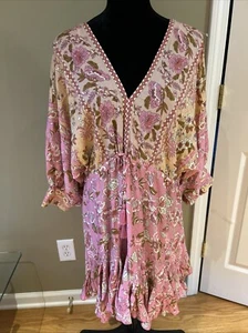 Aakaa Anthro Damen rosa Paisley Print Rüschen Kimono 3/4 Ärmel Kleid S Neu mit Etikett - Bild 1 von 19