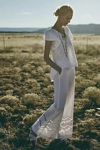 ELEVENSES ANTHROPOLOGIE White Linen OPENWORK High Rise Eyelet Lace Pants Sz US 8 - Picture 1 of 13