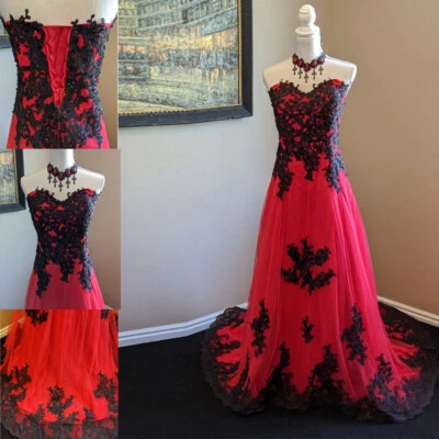 Gothic Strapless Wedding Dresses Black+Red Lace-up Lace Applique Bridal Gowns - Image 1 of 4