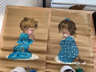 Vintage Printed needlepoint Aida Cloth ~ Girl & Boy Praying ~ Boy Partially Done - Image 1 of 4