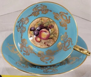 AYNSLEY Tea Cup & Saucer Orchard Fruit # 2832 Turquoise Heavy Gilt Bone China - Picture 1 of 12