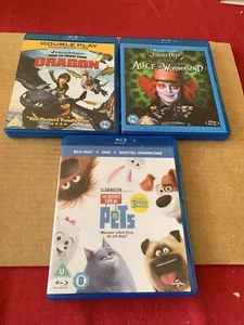 Secret Life Of Pets How To Train Your Dragon & Alice In Wonderland Blu Rays X 3 - Picture 1 of 3