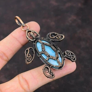 Gift For Her Copper Larimar Gemstone Jewelry Wire Wrapped Tortoise Pendant 2.99" - Picture 1 of 7