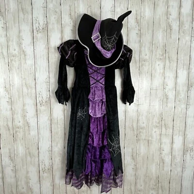 Spooktacular Creaciones Bruja Disfraz Niñas Mediano Negro Púrpura Terciopelo Vestido Sombrero Foto 1 de 4