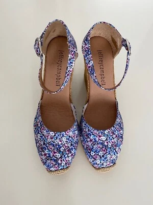 Jeffrey Campbell Adorra Blue Floral Wedge Espadrille Ankle Strap Sz 36 US 5.5 - Image 1 of 4