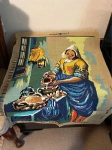 Completed needlepoint tapestry lady with jug 49 cm x 70 cm MP - Picture 1 of 3