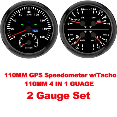 2 Gauge Set 110mm 4 IN 1 Gauge Fuel/Oil/Temp/Volt&GPS Speedometer 160MPH W/Tacho - Image 1 of 4