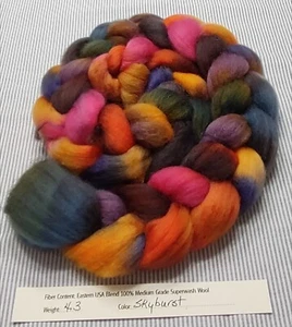 Superwash Wool Combed Top Roving Spinning Handpainted Dyed USA NWT Skyburst - Picture 1 of 1