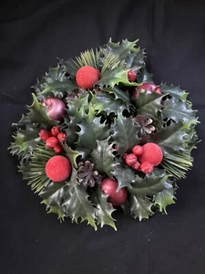 Vintage Christmas Plastic Holly Berry Pine Cone Balls Pillar Candle Ring Holiday - Picture 1 of 4