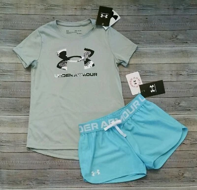 ¡Nuevo! Conjunto de camiseta y pantalones cortos Under Armour azul/gris para niña S M L XL Foto 1 de 3