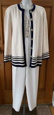 "Chaqueta cárdigan St. John Knits Collection 16 beige crema rayas negras 28"" COMO ESTÁ" Foto 1 de 4