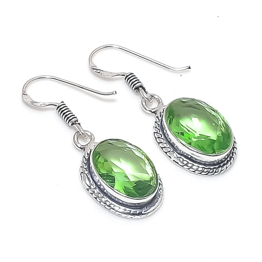 Green Tsavorite Gemstone Handmade 925 Sterling Silver Jewelry Earring Size 1.4" - Image 1 of 1