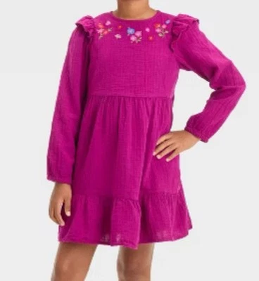 🥥 Vestido Cat & Jack Niñas Bordado Manga Larga Magenta Talla L (10/12)🆕 Foto 1 de 4
