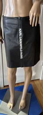 KARL LAGERFELD Skirt Mini Front Zip White Spellout Size 4 Black NWI - Image 1 of 4