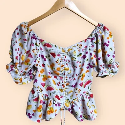 Top corto de verano femenino con estampado de frutas Meraki manga abullonada ceñido para mujer XS Foto 1 de 4