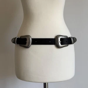 Topshop Cinturón Western Doble Hebilla Plateado Talla Pequeña Mediana S M Negro 10 12 - Imagen 1 de 10