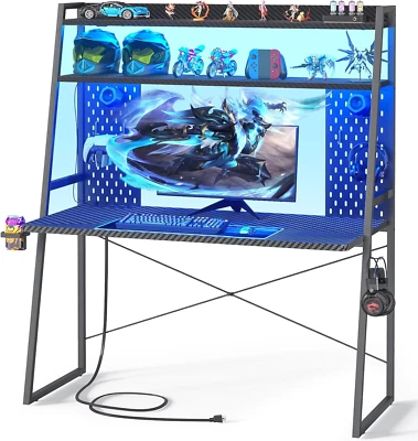 Escritorio Gaming Pequeño con Hutch y Luces LED, Escritorio Ordenador Gaming con Toma de corriente Foto 1 de 4