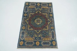 2x3 ft Blue Mamluk Afghan Hand Knotted Geometric Medallion Small Rug - Picture 1 of 15