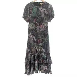Dark Pink London Textured Floral Puff Sleeve Open Back Tiered Ruffle Hem Dress X - Picture 1 of 12