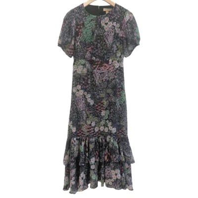 Dark Pink London Textured Floral Puff Sleeve Open Back Tiered Ruffle Hem Dress X - Image 1 of 4