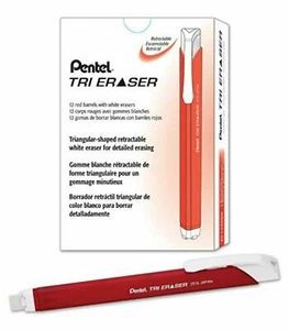 NEW Pentel Tri Retractable White Eraser RED Barrel 12-PACK Box ZE15MB Triangular - Picture 1 of 2