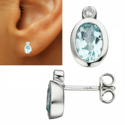 Ohrstecker 585 echt Weißgold Aquamarin hellblau Diamant Ohrringe 14 Karat neu - Bild 1 von 4