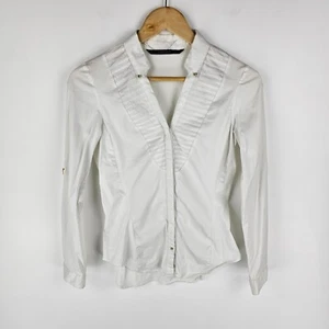 Zara Basic Top Womens Size Medium White Button Up Long Sleeve V Neck Pleated - Picture 1 of 9