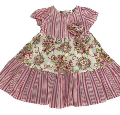 Baby Lulu Girls 2T French Rose Print Striped Toddler Dress 280-114 - Image 1 of 4