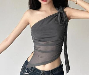 Damen neu einfarbig schmale Passform Mode unregelmäßige Schlinge schräg Kragen Netz Tops - Bild 1 von 10