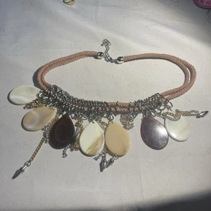 Boho Statement Necklace Resin Shell Teardrop Dangles Rope Cord Mixed Metals - Picture 1 of 6