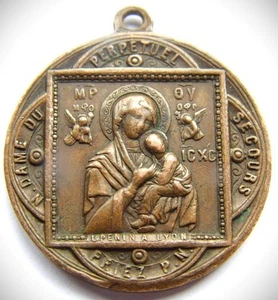 Large Antique Bronze Holy Medal by Penin Mother of Perpetual Help Icon Rome Fob - Picture 1 of 3