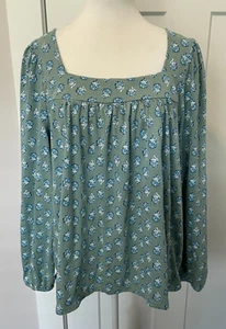 LUCKY BRAND Knit Womens TOP Long Sleeve GREEN Blue White FLORAL Size L - Picture 1 of 5