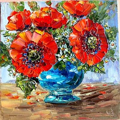 Amapolas de pintura Impasto de aceite originales en jarrón Olga Diduh 5"x 5" Foto 1 de 4