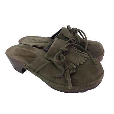 Zuecos de mula J Crew para mujer talla 7 verde gamuza borla lazo cuero hechos en Italia Foto 1 de 4