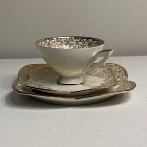 Alka Kunst Bavaria Gold Trio Teacup Saucer & Dessert Plate Square Shape Set - Picture 1 of 8