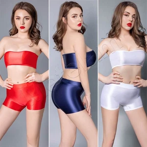 Womens Satin Shiny Wetlook Boob Tube Top Bandeau Bra Panties Knickers Shorts Set - Picture 1 of 26