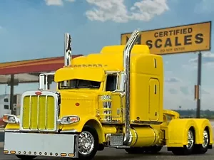 1/64 DCP YELLOW PETERBILT 389 W/ 63" MID ROOF SLEEPER W/ WHALE TAIL - Picture 1 of 6