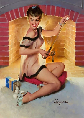 Vintage print art model poster canvas Gil Elvgren painting fireplace - Image 1 of 4