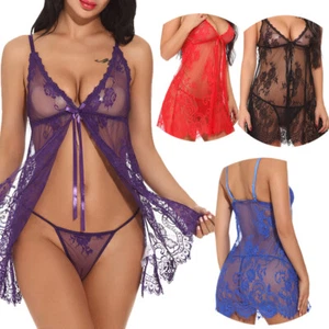 Babydoll Women Lace Lingerie Chemise Sexy Open Front Sleepwear See Through Thong - Picture 1 of 31