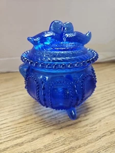 Vintage Candy Dish Hofbauer Byrdes Cobalt Blue Kissing Birds Hobnail Grannycore - Picture 1 of 6
