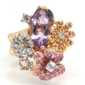 Non Scaldato Gemma Ametista Viola, Zaffiro & Zircone Anello 925 Argento Misura 5 - Foto 1 di 4