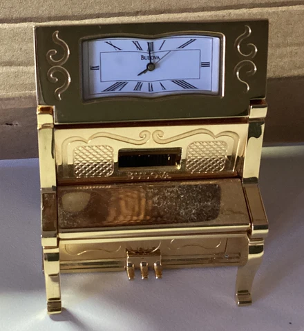 BULOVA Player Piano Mini Clock No Music Playing Metal Gold Tone Vintage AS IS Cover