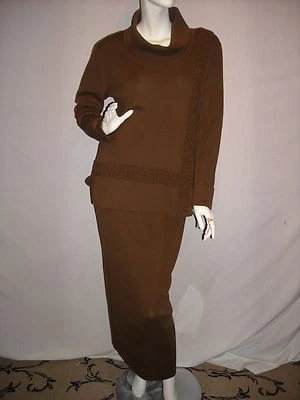 Adrianna Papell falda y conjunto túnica cuello alto falso talla pequeña marrón tejido mezcla de lana Foto 1 de 4